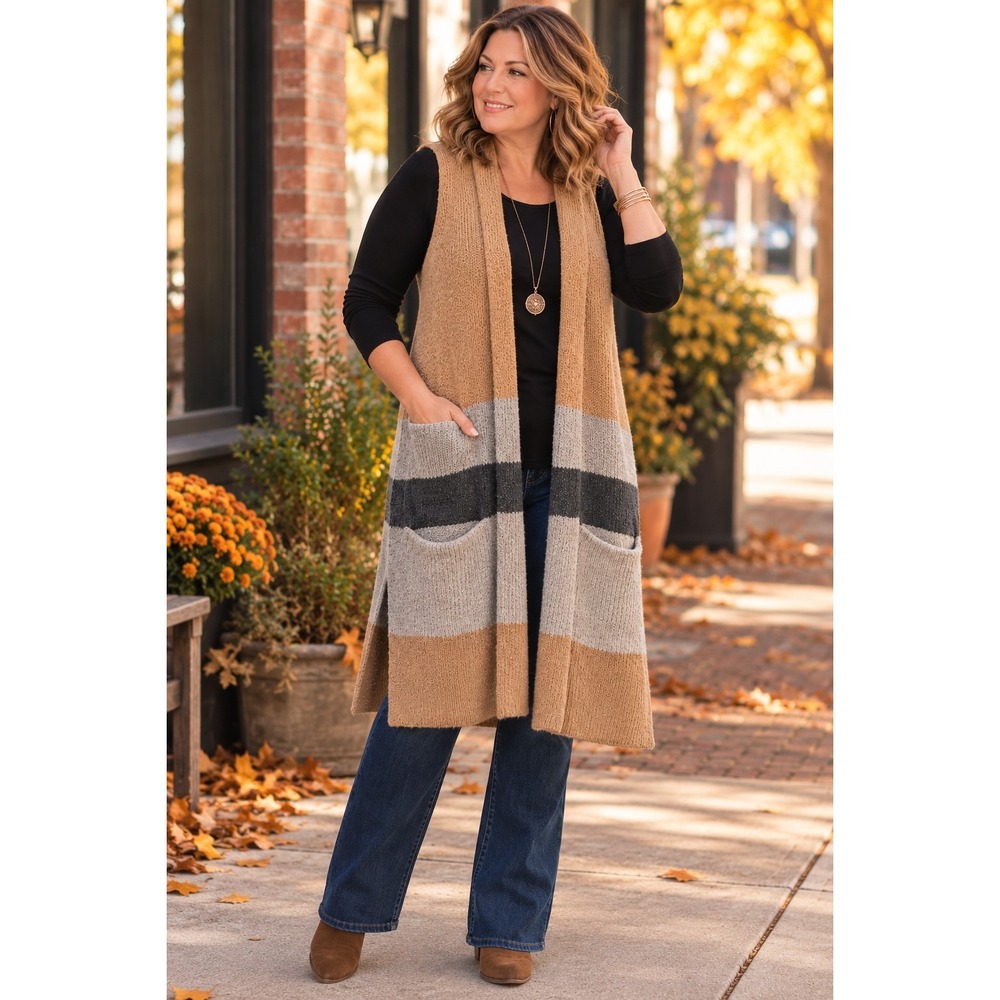 LOFT L/XL Colorblock Long Sweater Vest Open Front Cardigan Pockets Oversized - Picture 2 of 7